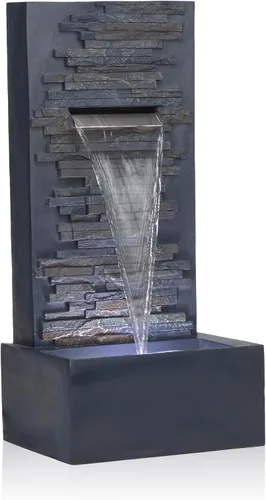 Alpine Corporation Fuente de pared de piedra en cascada de 32 pulgadas con luces LED, función de agua al aire libre para jardín, patio, patio