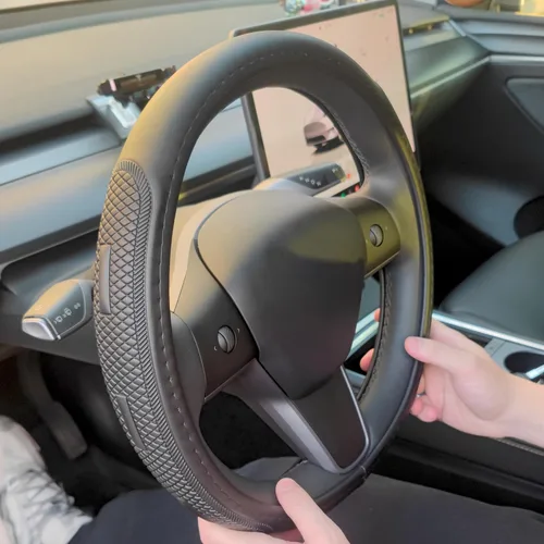Funda de volante en forma de D para Tesla Model 3 / Y, para Camaro, 14-14.25 pulgadas, funda de cuero negro para volante de automóvil para hombres y