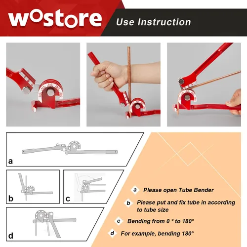Miniatura 6 de Wostore Dobladora de tubos de 180 grados, 3 en 1 para 1/4" 5/16" 3/8" OD, Dobladora de tubos de acero mecanizado 0-180° con agarre antideslizante