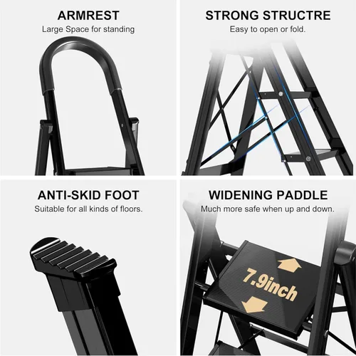 Miniatura 7 de escalera ligera de aluminio, de 6 peldaños, plegable, con peldaños anchos y antideslizante para uso en el hogar y la cocina, ahorra espacio (negro)