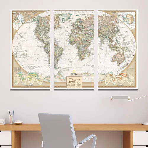 Miniatura 2 de 3 paneles – Lienzo personalizado Mapa de viaje del mundo ejecutivo con alfileres – Mapa de pared extra grande
