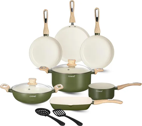 Cook & Serve - Juego de utensilios de cocina antiadherentes de cerámica de 11 piezas con tapa, Kadhai, sartén, Dosa Tawa, cacerola, cacerola, sartén
