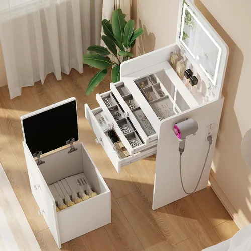 Miniatura 3 de VOWNER Escritorio de tocador 3 en 1 con espejo de luz LED abatible y escritorio de cristal, pequeño tocador de maquillaje con 3 cajones, tocador