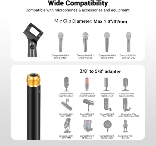 Miniatura 5 de NEEWER Soporte de micrófono de escritorio, soporte de micrófono de mesa ajustable con clip y adaptador de 3/8 a 5/8 pulgadas compatible con Blue