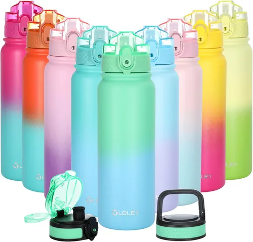 Miniatura 25 de Oldley Botella de Agua Aislada con Pajilla de 20oz, Botellas de Agua de Acero Inoxidable con 3 Tapas, Aislamiento al Vacío de Doble Pared Térmica