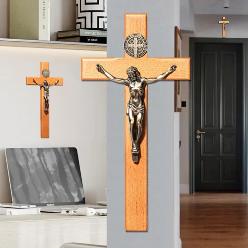 Miniatura 3 de ACHIBANG Crucifijo católico de madera de 10 pulgadas con medalla de Jesús y San Benito, decoración religiosa de madera natural para sala de oración
