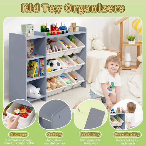 Miniatura 6 de MallBest Estante organizador de almacenamiento de juguetes para niños de 4 niveles, 100% madera maciza, armario de almacenamiento para niños con 9