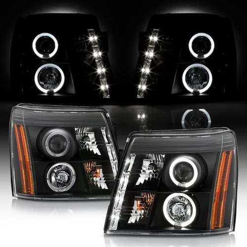 AKKON - Para 02-06 Cadillac Escalade bisel negro anillo halo DRL tira de luz LED halógena tipo proyector faros delanteros Carcasa negra