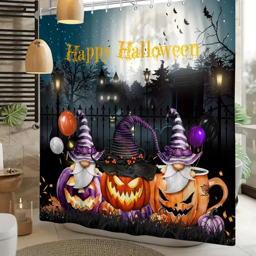 Miniatura 5 de Cortina de ducha de Halloween, calabazas aterradoras, cortinas de ducha para baño, noche de luna espeluznante, cortina de baño, casa cazada