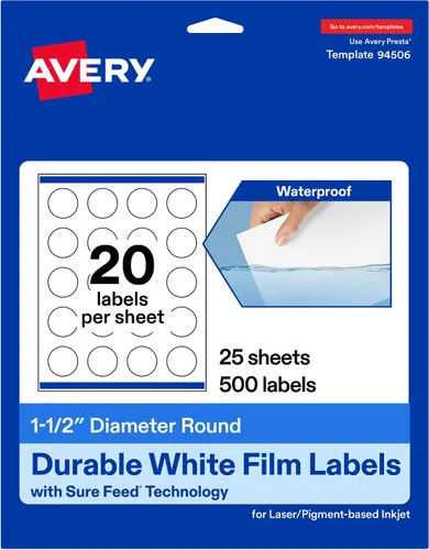 Avery Etiquetas redondas blancas duraderas imprimibles, tecnología de alimentación segura, 1.5 pulgadas de diámetro, impresión hasta el borde,