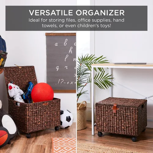 Miniatura 6 de Best Choice Products Archivador Rodante de Jacinto de Agua Tejido a Mano, Organizador de Archivos Móvil para Carpetas Colgantes con Tapa y Ruedas