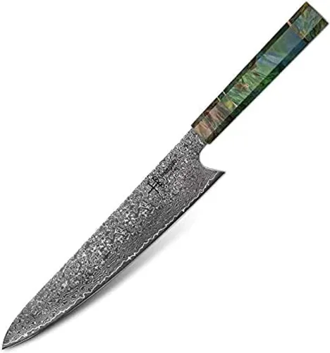 Cuchillo de chef damasquinado, mango único de una sola pieza, cuchillo de cocina profesional de chef japonés Vg10, 67 capas, acero damasquinado