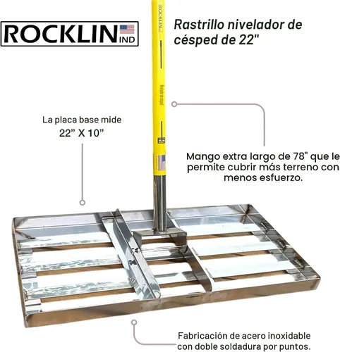 Miniatura 2 de Rocklin™ Rastrillo de nivelación de césped, herramienta de nivelación de acero inoxidable de 22 x 10 pulgadas con mango de 78 pulgadas Suelo