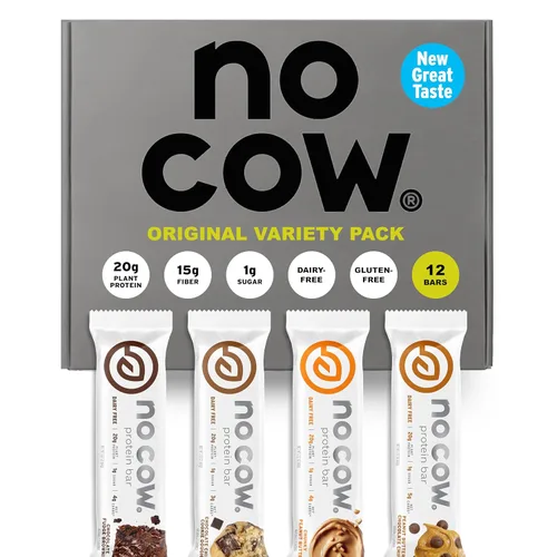 No Cow Barras de proteína vegana, paquete variado original mejorado | 0.71 onzas de proteína a base de plantas, sin gluten, sin lácteos, sin soja,