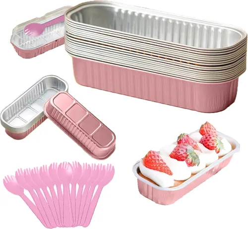 Miniatura 8 de Juego de 12 mini moldes para pan con tapas y cucharas, 200 ml, desechables, rectangulares, de aluminio con papel de aluminio, para hornear pasteles