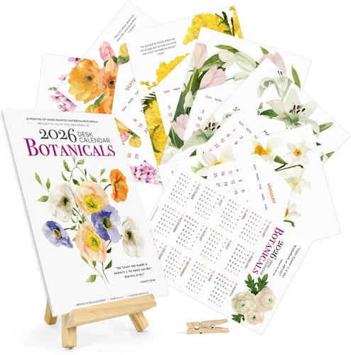 Miniatura 6 de Calendario para escritorio 2026 - Calendario mensual botánico de acuarela, hecho en EE. UU., páginas de 5x7 con citas motivacionales, soporte