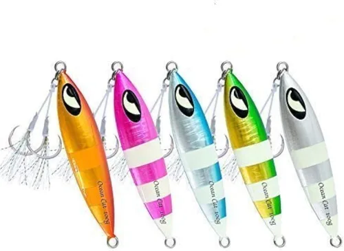 Miniatura 11 de OCEAN CAT Plomo de metal plano de caída lenta pesca señuelos hundimiento vertical cebo de jigging con gancho de mariposa para pesca en agua salada