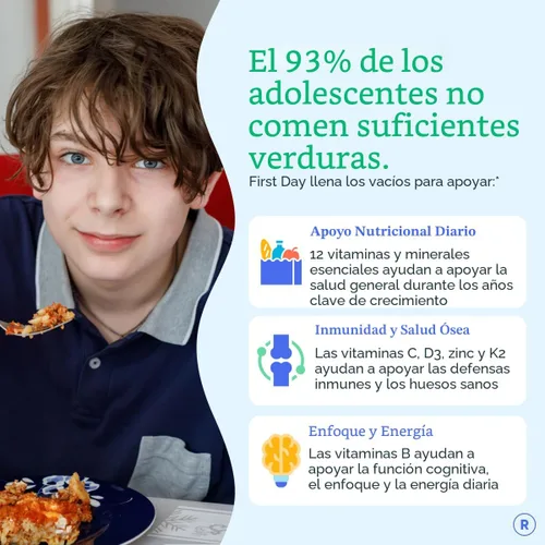 Miniatura 2 de FIRST DAY Vitaminas para Adolescentes - Multivitamínico para Niñas y Niños de 12 a 17 años, Mezcla Orgánica de Frutas y Vegetales - 12 Nutrientes