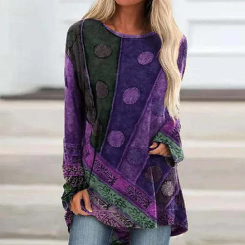 Miniatura 2 de Camisetas casuales de manga larga para mujer, con cuello redondo y cuello redondo, diseño floral, regular