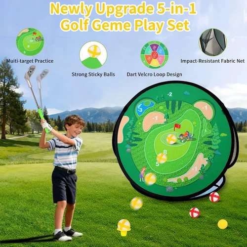 Miniatura 5 de AOSITE - Juego de golf 5 en 1 para niños pequeños, juguetes pegajosos para juegos de golf con 3 palos de golf y tapete de putt, red de astillado