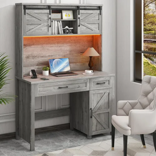 Miniatura 9 de Vabches Farmhouse - Escritorio ejecutivo de 47 pulgadas, escritorio para computadora con 2 cajones, armario de almacenamiento y luz LED, cubo
