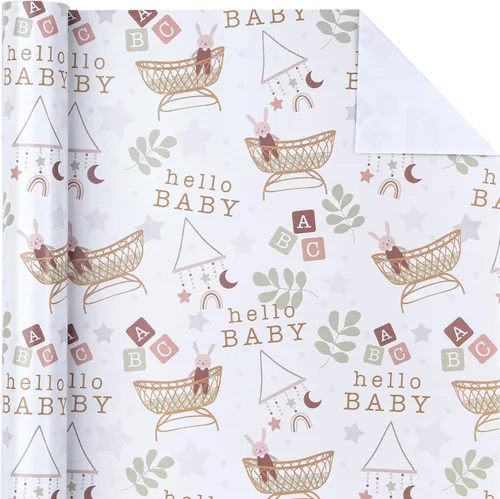 Miniatura 22 de WRAPAHOLIC - Papel de regalo reversible para bebé niña, mini rollo - 17 pulgadas x 33 pies - Diseño de bebé niña y rayas para baby shower, Bebita