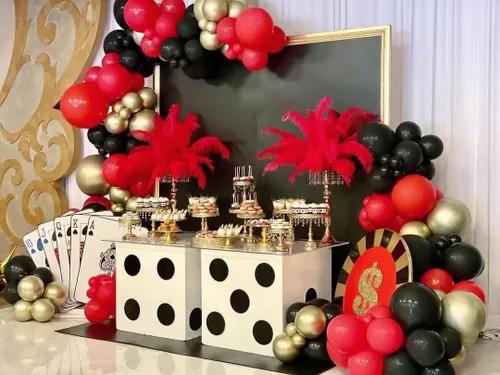 Miniatura 6 de Lukiituke Kit de arco de globos rojos, negros y dorados, 114 globos rojos, negros y dorados, 4 tamaños para cumpleaños, fiestas temáticas de casino