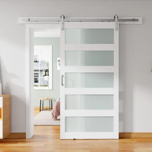 Miniatura 12 de Puerta de granero de vidrio de 32 x 84 pulgadas y kit de herrajes de 6 pies incluido, losa de puerta de granero blanco MDF con vidrio esmerilado
