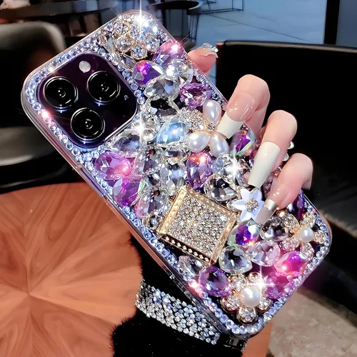 Miniatura 7 de Compatible con iPhone 13 Funda Linda con Diamantes de Imitación y Purpurina - Funda de Lujo de Diseño con Diamantes de Imitación para Mujer