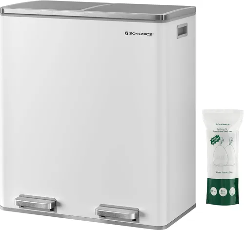 SONGMICS Bote de basura, 2 botes de basura de 8 galones (2 x 30 L) para cocina, con 15 bolsas de basura, 2 compartimentos, cubos interiores de
