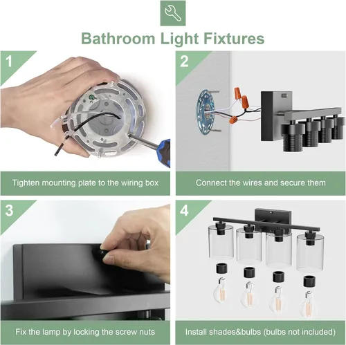 Miniatura 7 de Honesorn Lámparas de baño de 4 luces, luz de tocador de baño, color negro mate, accesorios de iluminación modernos con pantalla de vidrio