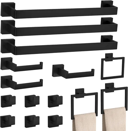 Miniatura 9 de Juego de 5 piezas de accesorios de baño negro mate, juego de barra de toalla de baño de 23.6 pulgadas, juego de hardware de baño de acero inoxidable