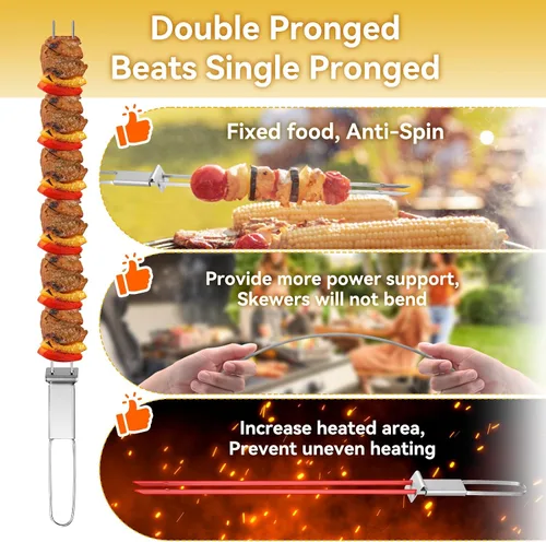 Miniatura 4 de Brochetas para Asar - Brochetas de 33 cm con Barra de Empuje de Doble Punta Antideslizante de Metal para Kabobs, Brocheta de Acero Inoxidable