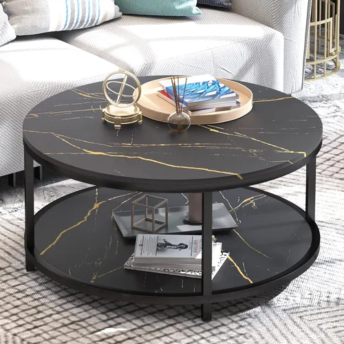 Miniatura 7 de WiberWi Mesa de centro redonda negra para sala de estar de 35.8 pulgadas, mesa circular con parte superior de mármol sintético, patas de metal Negro