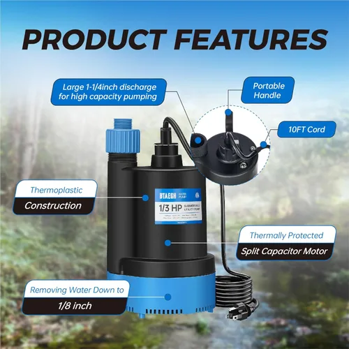 Miniatura 3 de Bomba de agua sumergible de 1/3 HP 2400 GPH Bomba de sumidero pequeña termoplástica eléctrica portátil de transferencia bomba limpia para piscina