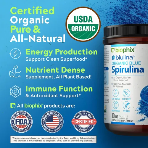 Miniatura 4 de biophix Blue Spirulina en polvo orgánico Blulina 10 onzas – Algas espirulina orgánica en polvo 283 porciones – Suplemento superalimenticio