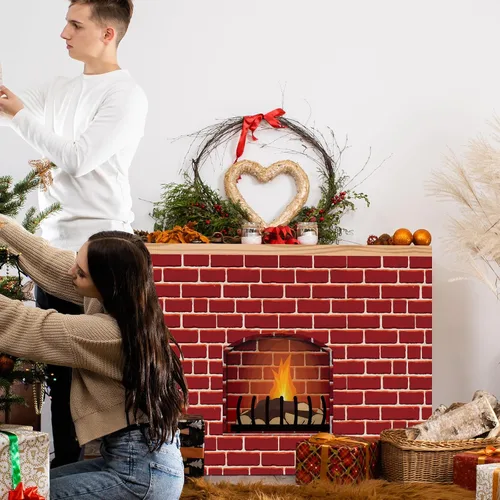 Miniatura 6 de Zhanmai Accesorios para chimenea de Navidad 3D de ladrillo sintético rojo artificial, telón de fondo de chimenea, 35.4 x 26.6 x 5.5 pulgadas