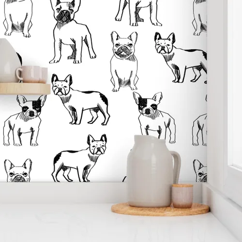 Miniatura 8 de Despegar y pegar papel tapiz muestra – Bulldog francés negro blanco perros Frenchie monocromo lindo cachorro papel pintado personalizado extraíble
