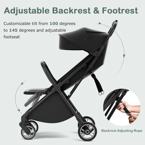Miniatura 4 de INFANS Cochecito de viaje plegable ultracompacto listo para avión, plegado por gravedad con una sola mano cerca del asiento reclinable plano, Negro