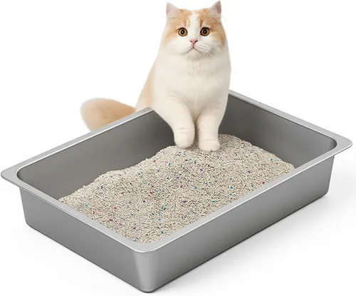 Miniatura 10 de Kirecoo - Caja de arena para gatos de acero inoxidable, bandeja de arena para gatos pequeña de metal con lados altos, bandeja de arena