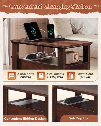 Miniatura 4 de WLIVE Mesa auxiliar de estilo granja con estación de carga, mesa lateral estrecha con almacenamiento, mesita de noche pequeña con puertos USB