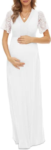 Vestido de maternidad con cuello de encaje en Y, manga corta, vestido largo de maternidad para baby shower, sesión de fotos de maternidad, Rosado