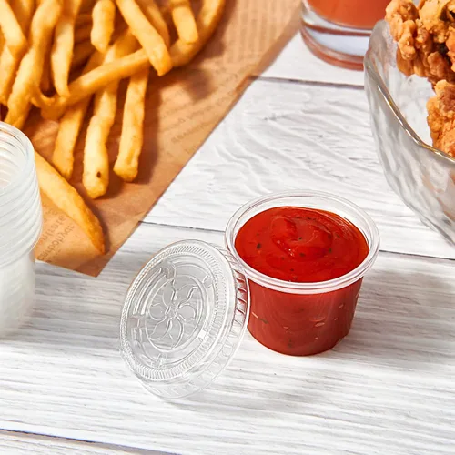 Miniatura 6 de Lilymicky 400 juegos de vasos de plástico desechables de 1 onza con tapas, pequeños recipientes de plástico para condimentos para salsa, vasos