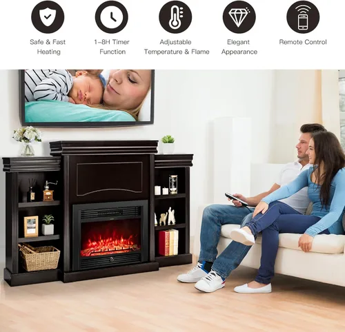 Miniatura 2 de Tangkula Chimenea de mantel de 70 pulgadas, chimenea eléctrica de 750 W/1500 W con repisa y estanterías integradas, chimenea de 28.5 pulgadas