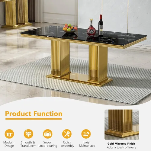 Miniatura 3 de Juego de mesa de comedor de mármol para 4, mesa de cocina rectangular de mármol negro de 68 pulgadas con base en H de acero inoxidable dorado, juego