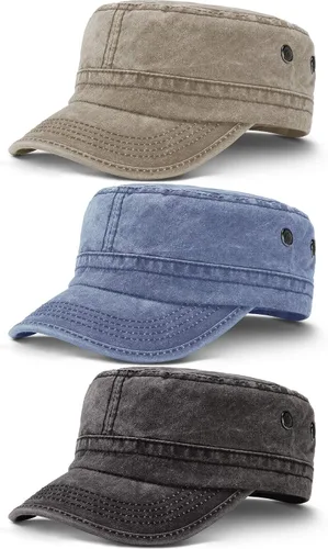 Miniatura 7 de Geyoga 3 unidades Cadet Army - Gorras de algodón lavado militar para tapas planas ajustables estilo militar sombrero unisex