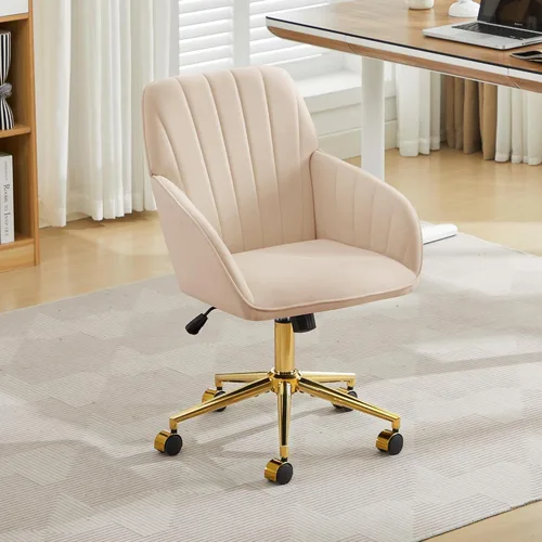 Miniatura 4 de YITAI Sillones de escritorio de oficina de terciopelo con base dorada y ruedas, sillas de tocador tapizadas modernas giratorias 360 grados de altura