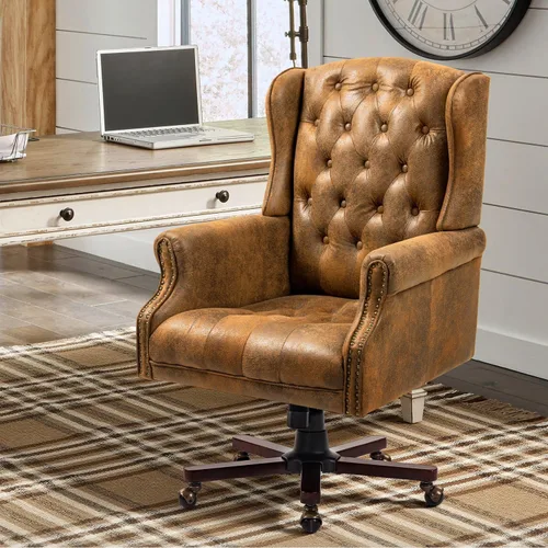 Miniatura 8 de ECOTOUGE Silla de escritorio ejecutiva mejorada 2026, silla de oficina en casa con respaldo de alas de cuero con ribete de cabeza de clavos y Negro