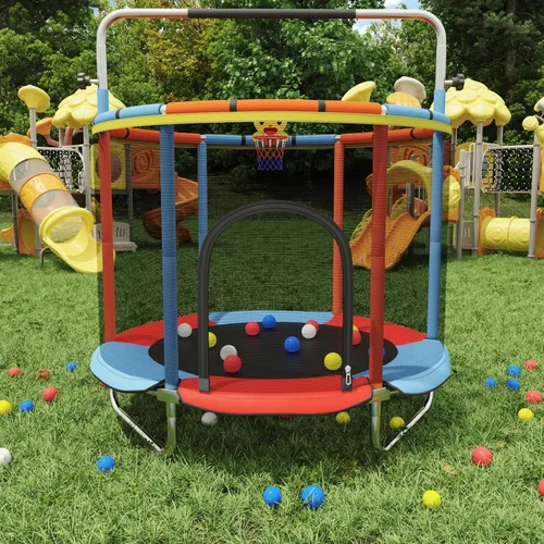 Miniatura 6 de Trampolín infantil de 60 pulgadas para niños de 2 a 4 años, mini trampolín de 5 pies para interiores con pelota de baloncesto, barra de gimnasia