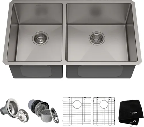 Kraus Standart Pro KHU104-33 - Fregadero de cocina de 33 pulgadas con montaje inferior, doble tazón 60/40, calibre 16, acero inoxidable